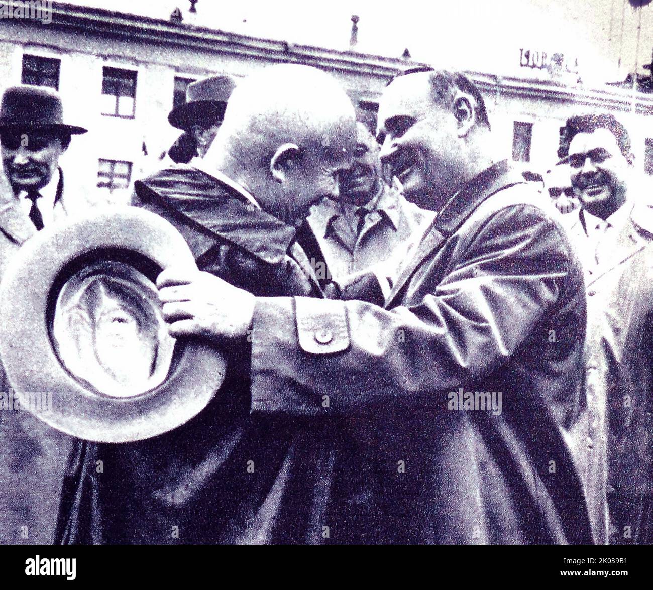 A party and government delegation of the Romanian People's Republic headed by the Chairman of the State Council of the Romanian People's Republic Gheorghe Gheorghiu-Dej paid an official friendly visit to the Soviet Union. The picture shows seeing off the guests at the Vnukovo airfield. Alexei Kosygin and Leonid Brezhnev are also seen here. Stock Photo