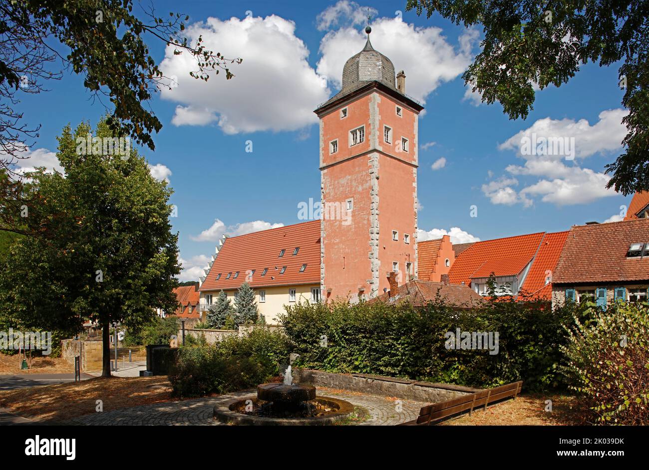 Klingenturm, today: youth hostel, fountain, Ochsenfurt, Lower Franconia, Bavaria, Germany Stock Photo