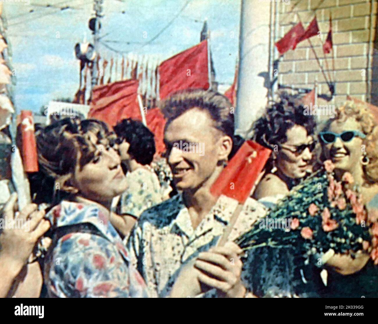 A crowd in Moscow celebrates the safe return of Soviet cosmonaut Yuri Alekseevich Gagarin (1934-1968). On April 12, 1961, Yuri Gagarin became the first person in world history to fly into open space. The Vostok launch vehicle with the Vostok-1 spacecraft carrying Gagarin was launched from the Baikonur cosmodrome located in the Kyzyl-Orda region of Kazakhstan. Stock Photo