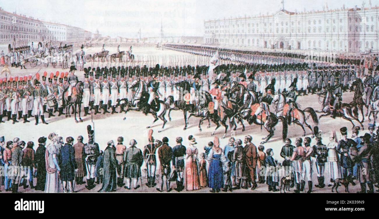 Inspection of the guards units at the Palace Square. 1810s. Stock Photo