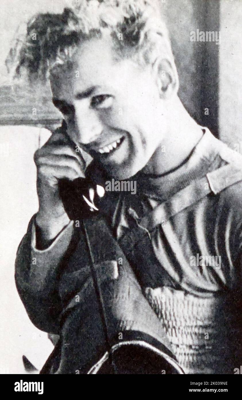 After landing. 'I feel great!' - reports Gherman Titov N. S. Khrushchev. Gherman Stepanovich Titov (1935 - 2000) was a Soviet cosmonaut who, on 6 August 1961, became the second human to orbit the Earth, aboard Vostok 2. Stock Photo