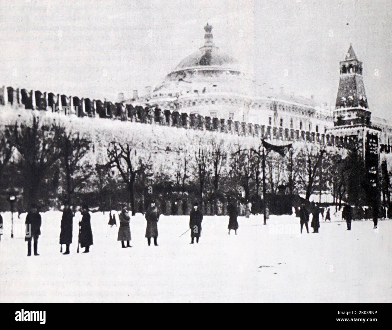 On Red Square after the beatings. Peasants and armed workers guard the Kremlin. 1917. Photo by A. Dorn. Stock Photo
