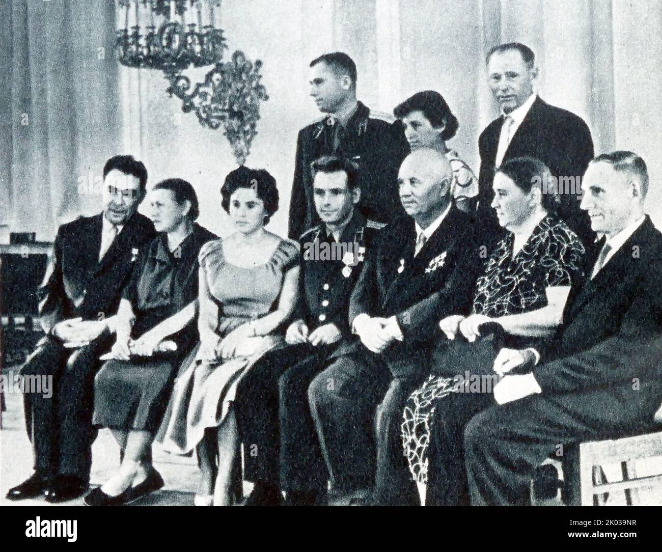 N. S. Khrushchev and L. I. Brezhnev among the relatives and friends of Gherman Stepanovich Titov (1935 - 2000) Soviet cosmonaut who, on 6 August 1961, became the second human to orbit the Earth. Stock Photo