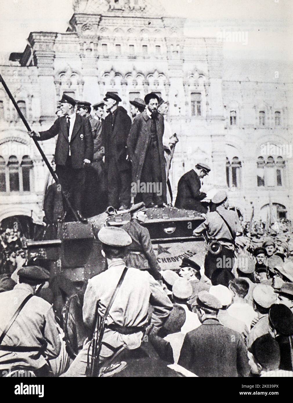 M. Sverdlov speaking from the armoured car Red Zamoskvorechye on Red Square, Moscow, May 1. 1918. Photo by A. Dorn. He was a Bolshevik party administrator and chairman of the All-Russian Central Executive Committee from 1917 to 1919. He is sometimes regarded as the first head of state of the Soviet Union although it was not established until 1922, three years after his death. Stock Photo