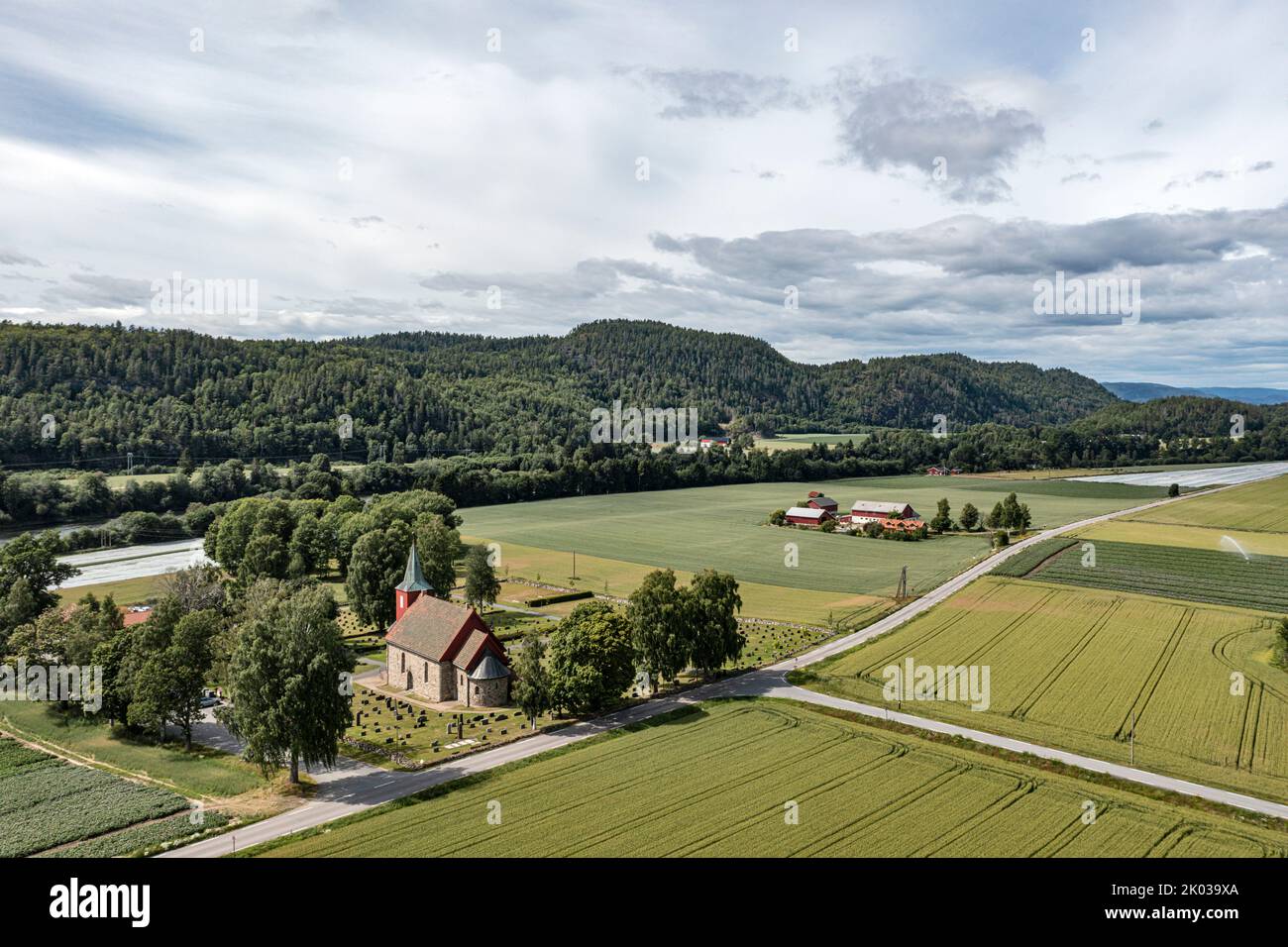 Norway, Vestfold, Larvik, Hedrum, church, road, fields, mountains, overview, aerial photo Stock Photo