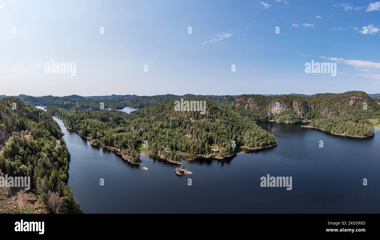 Norway, Vestfold og Telemark, Larvik, lake, Hallevatnet, forest, mountains, isolated cabins, overview, aerial photo Stock Photo