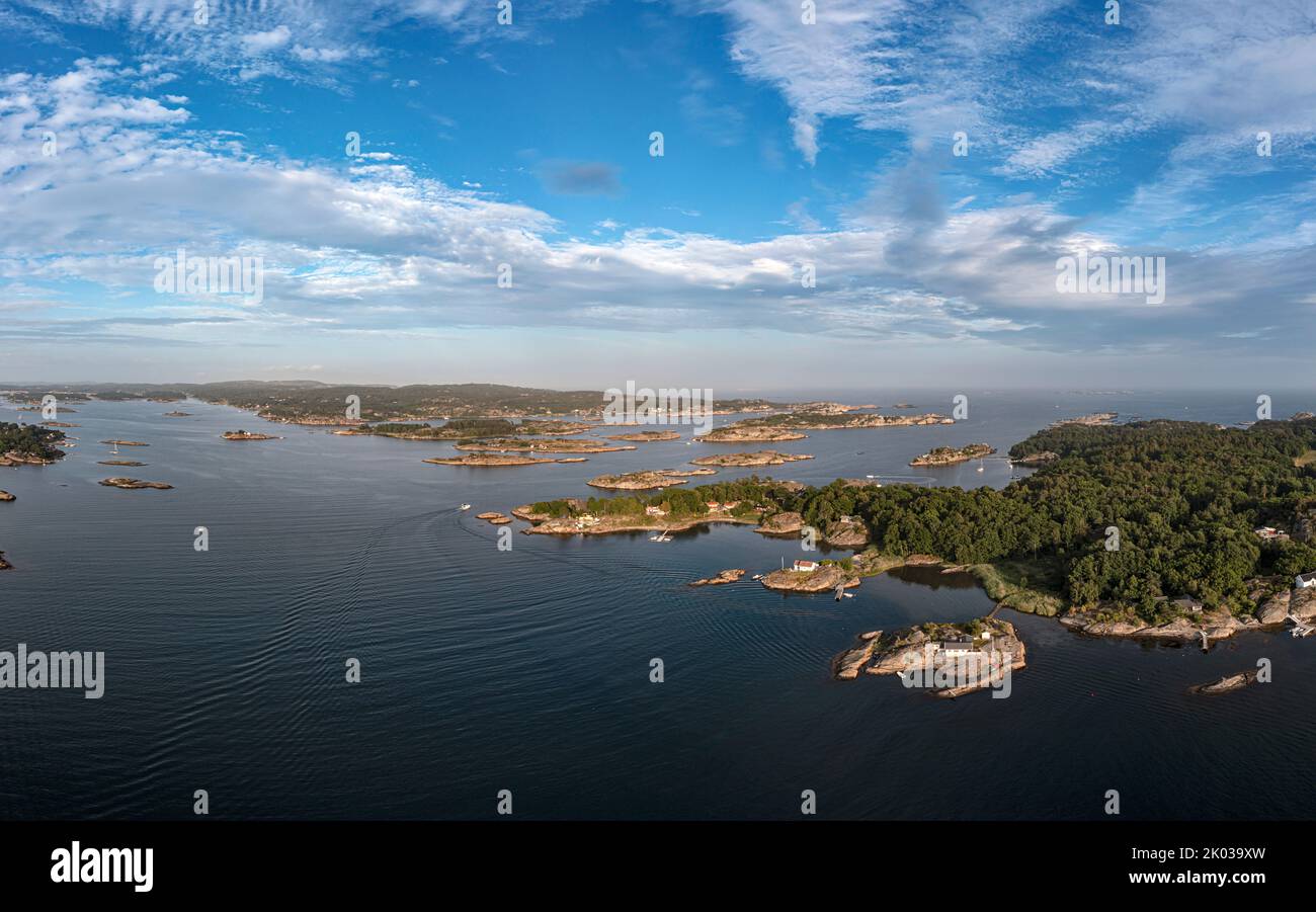 Norway, Vestfold og Telemark, Larvik, fjord, islands, Larvikfjord, houses, forest, rocky shore, Malmoya (island), overview, aerial view Stock Photo