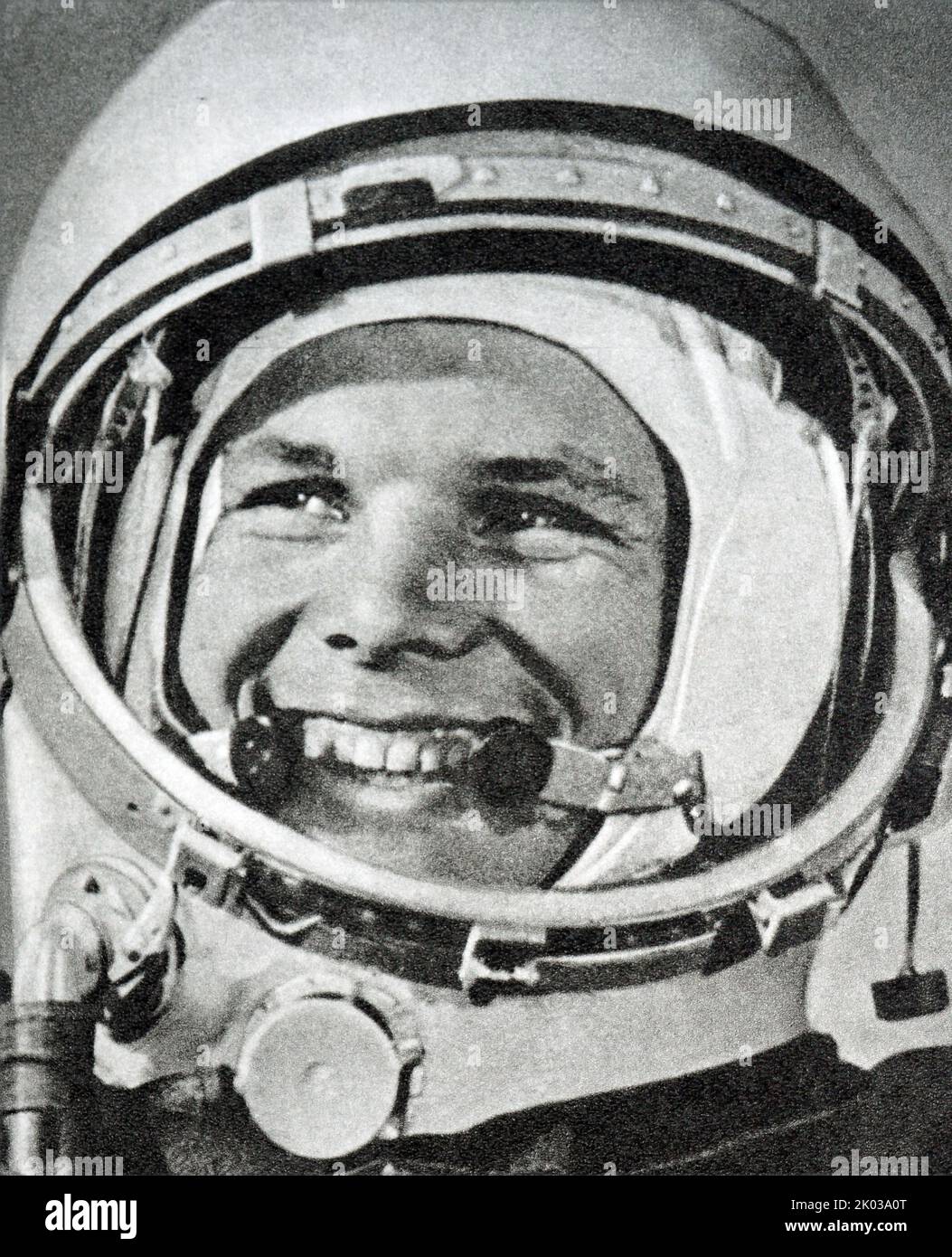 Yuri Alekseevich Gagarin (1934 - 1968) cosmonaut of the USSR. On April 12, 1961, Yuri Gagarin became the first person in world history to fly into outer space. The Vostok launch vehicle with the Vostok-1 spacecraft carrying Gagarin was launched from the Baikonur cosmodrome located in the Kyzyl-Orda region of Kazakhstan. After 108 minutes of flight, Gagarin successfully landed in the Saratov region, not far from Engels. Stock Photo