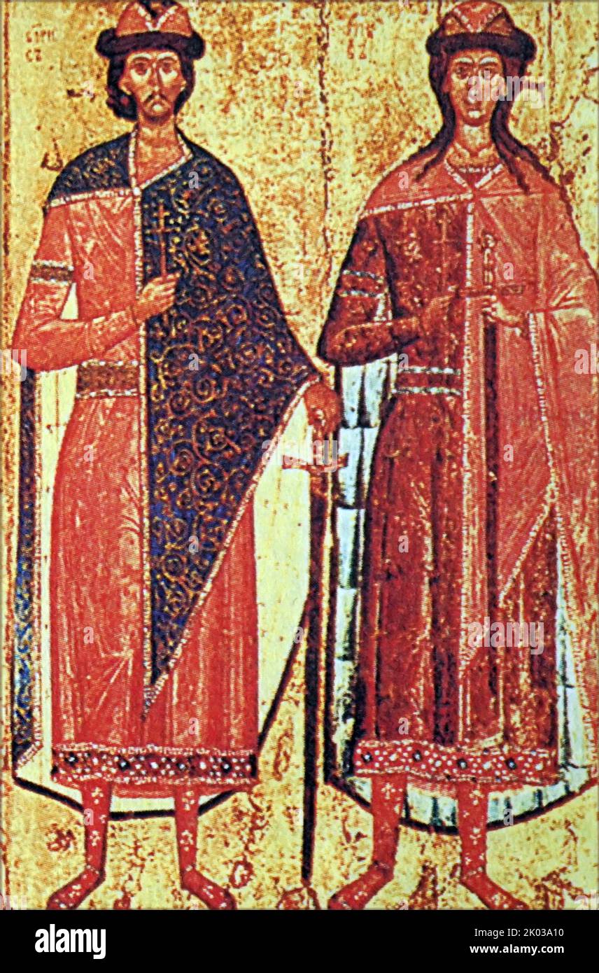 Boris and Gleb, Christian names Roman and David, respectively (Old East Slavic: Roman, Dav?d, Romanu, Davydu), were the first saints canonized in Kievan Rus' after the Christianization of the country. Stock Photo