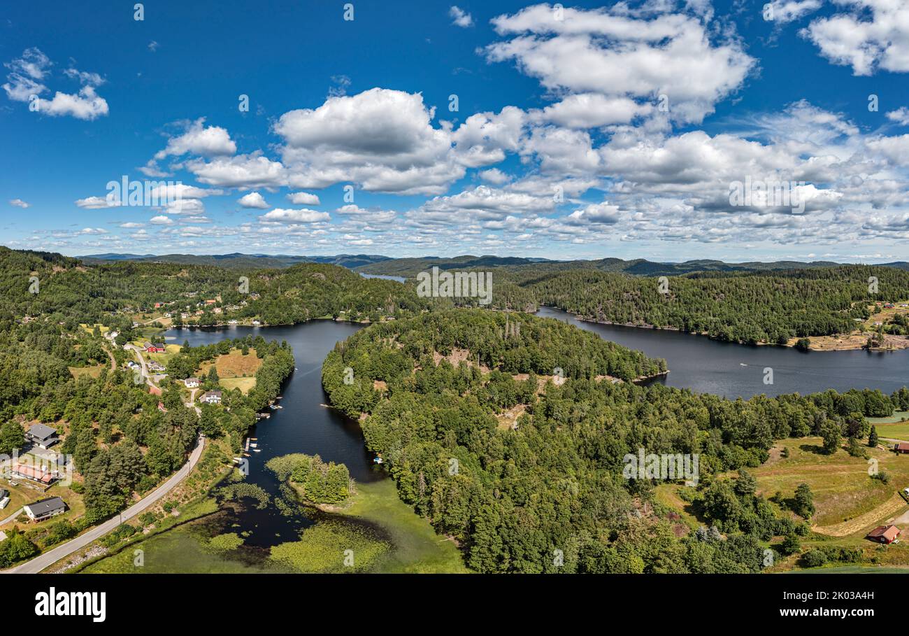 Norway, Vestfold og Telemark, Larvik, Kjose, isolated houses, road, farris, lake, forest, mountains, overview, aerial view Stock Photo
