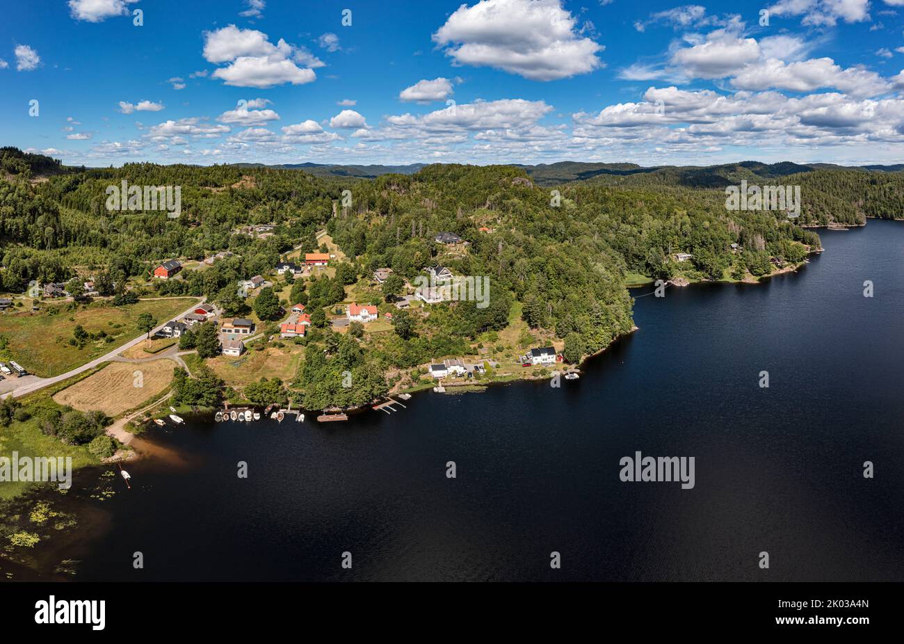 Norway, Vestfold og Telemark, Larvik, Kjose, Farris, lake, forest, mountains, occasional houses, overview, aerial view Stock Photo