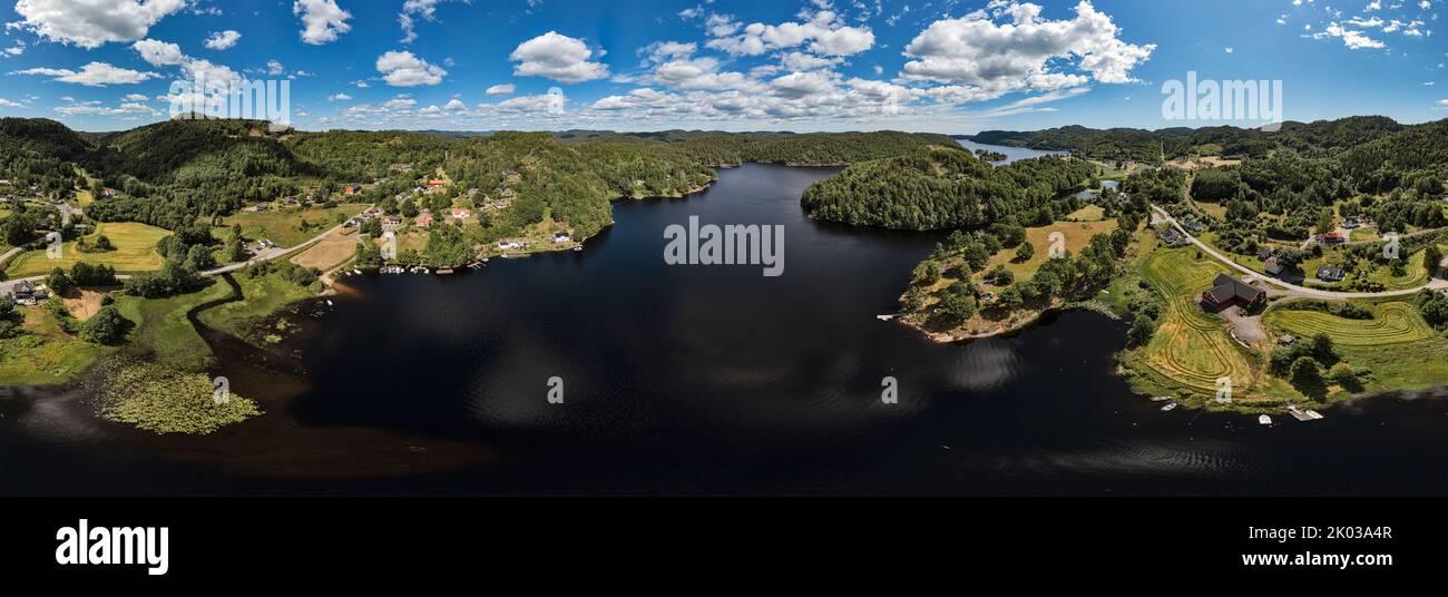 Norway, Vestfold og Telemark, Larvik, Kjose, Farris, lake, fields, forest, mountains, road, occasional houses, overview, aerial view, 360° panorama Stock Photo