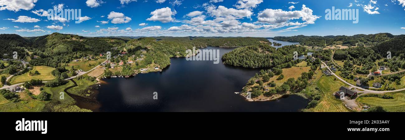 Norway, Vestfold og Telemark, Larvik, Kjose, Farris, lake, fields, forest, mountains, road, occasional houses, overview, aerial view, 360° panorama Stock Photo