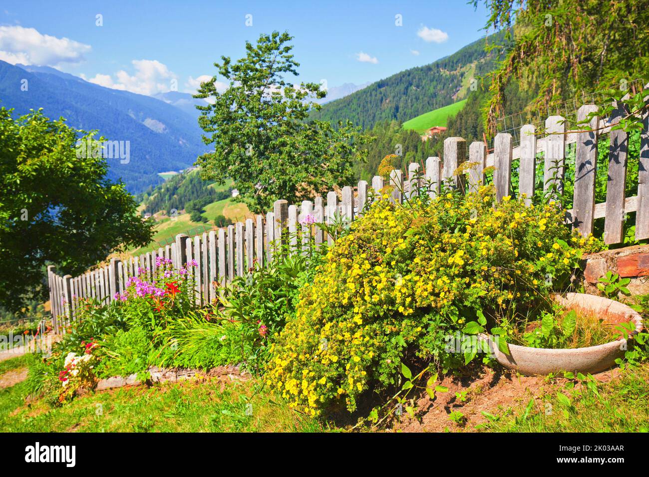 Farm garden at a mountain farm in the South Tyrolean Ulten Valley Stock Photo