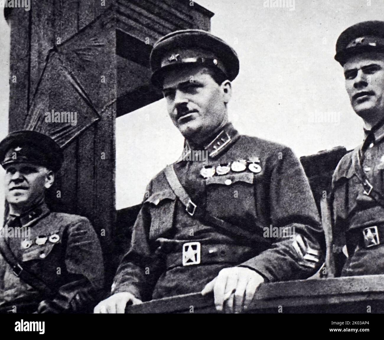 Senior Soviet commanders. 1939. From right to left: deputy. Commander of the Belarusian Military District, Commander F. I. Kuznetsov, commander of the Belarusian military district M. P. Kovalev and deputy commander for cavalry G. K. Zhukov. 1939. Stock Photo