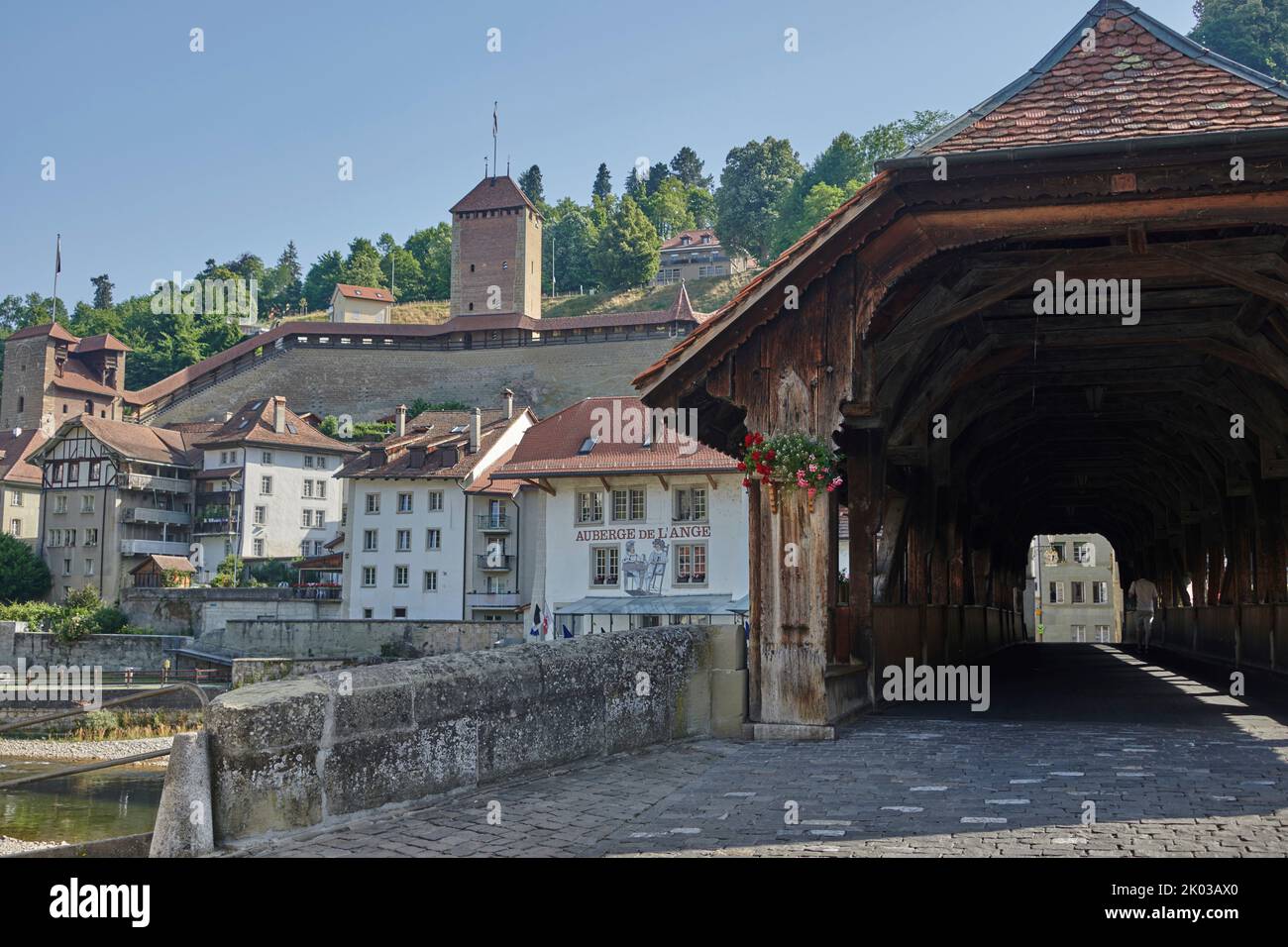 Covered bridge in Fribourg, Switzerland Stock Photo