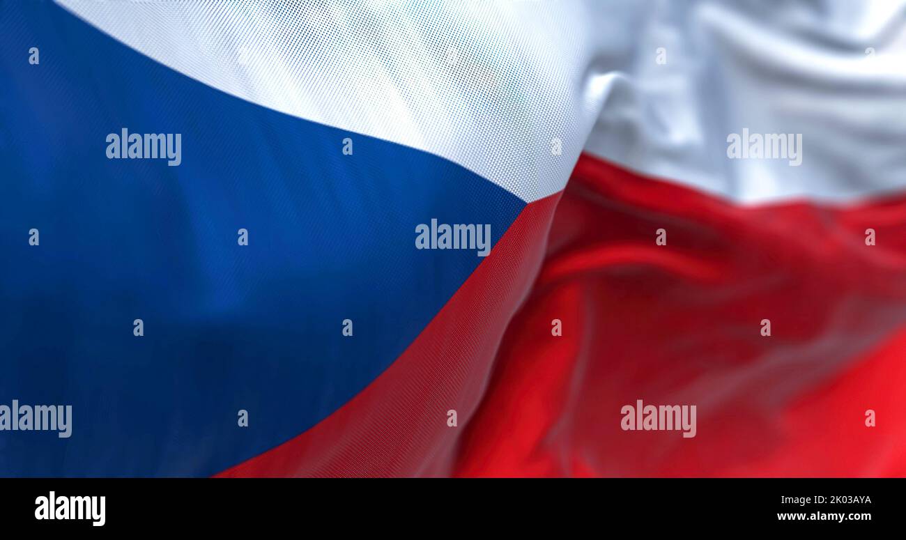 Close-up view of the Czech Republic national flag waving in the wind. Czech republic is a landlocked country in Central Europe. Fabric textured backgr Stock Photo