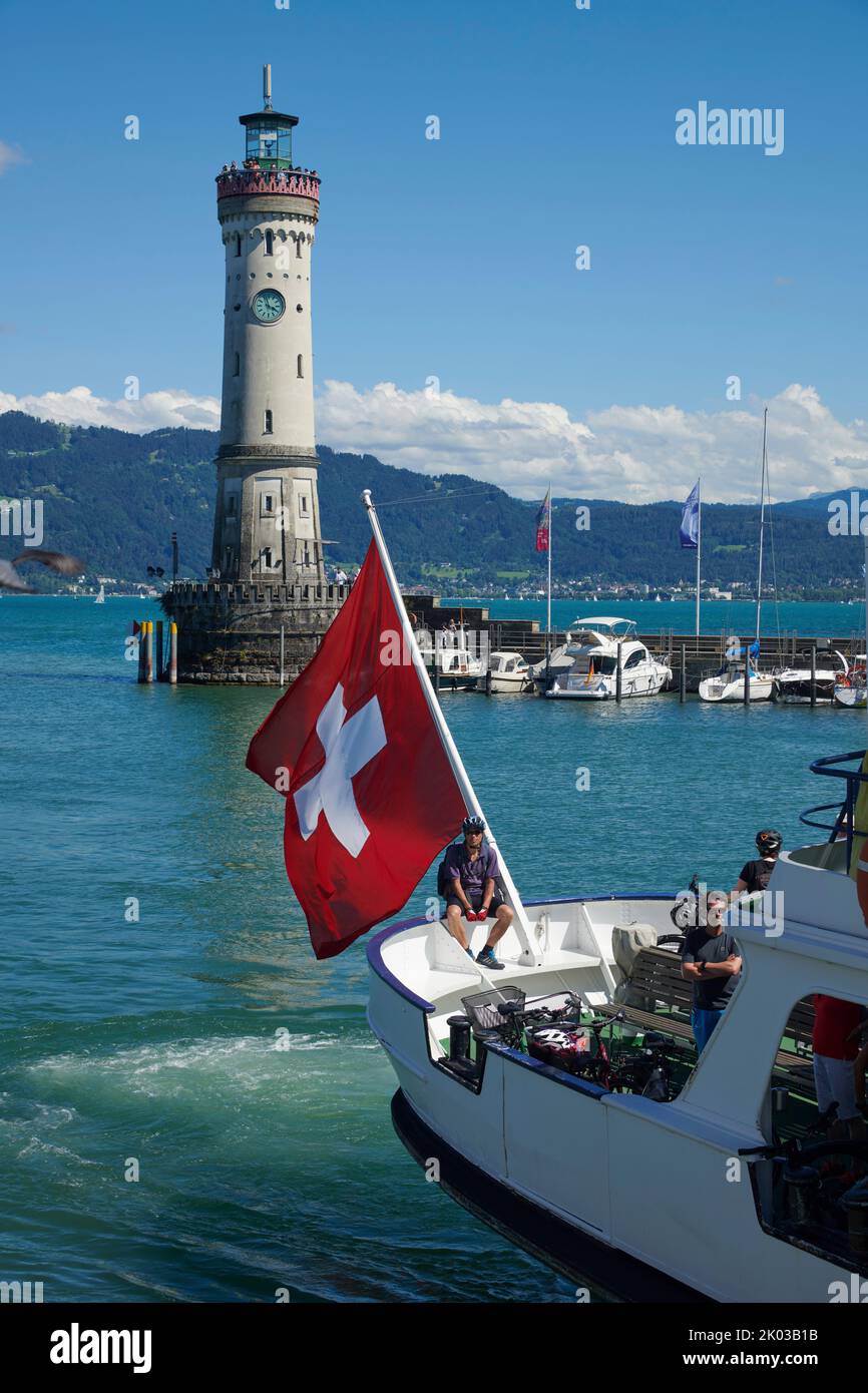 Boat in the harbor of Lindau on Lake Constance, Bavaria, Germany Stock Photo
