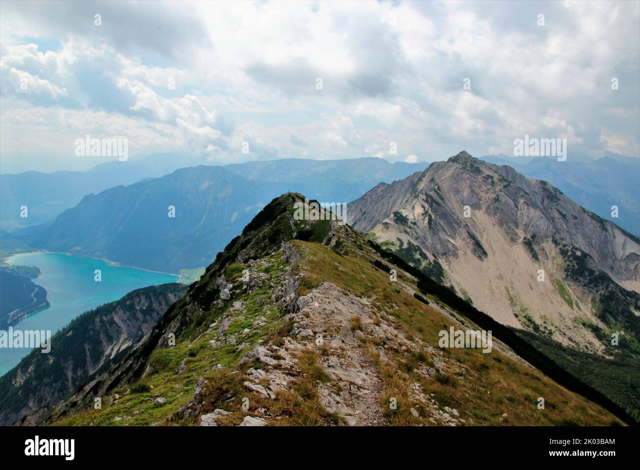 View from the Seekarspitze over the summit ridge to the Seebergspitze (2085m) in the background, view of the Achensee, Tyrol, Austria Stock Photo