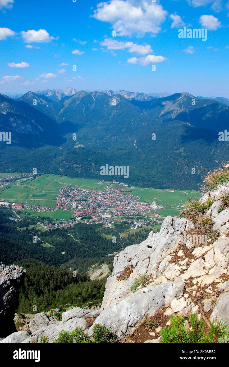 Hike to the high Fricken (1940 m), view of Farchant in the background the Ammertal Alps, Europe, Germany, Bavaria, Upper Bavaria, Werdenfelser Land, Bavarian Alps, Stock Photo