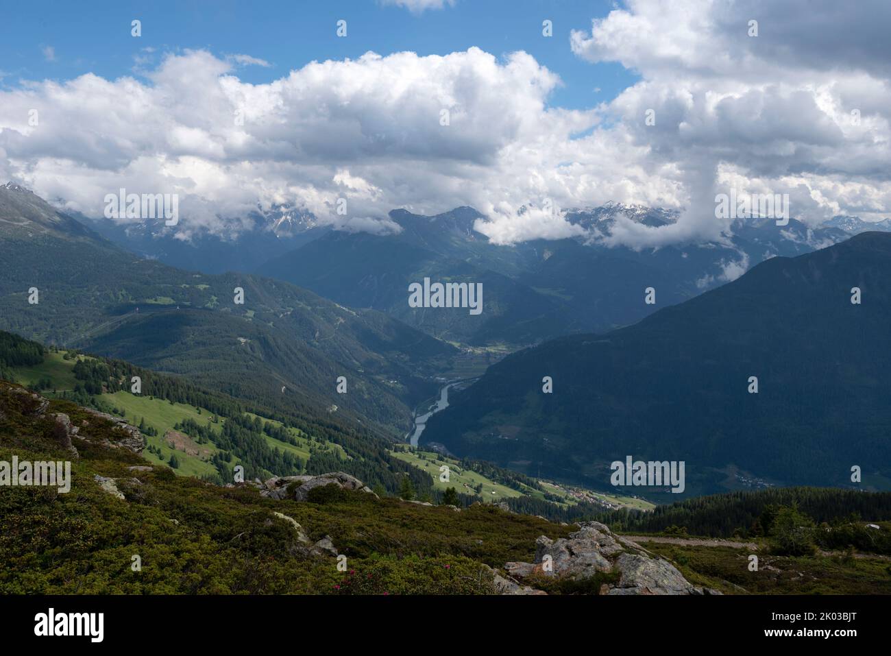 View from Krahberg into the valley, river Inn, European long-distance hiking trail E5, crossing the Alps, Zams, Tyrol, Austria Stock Photo