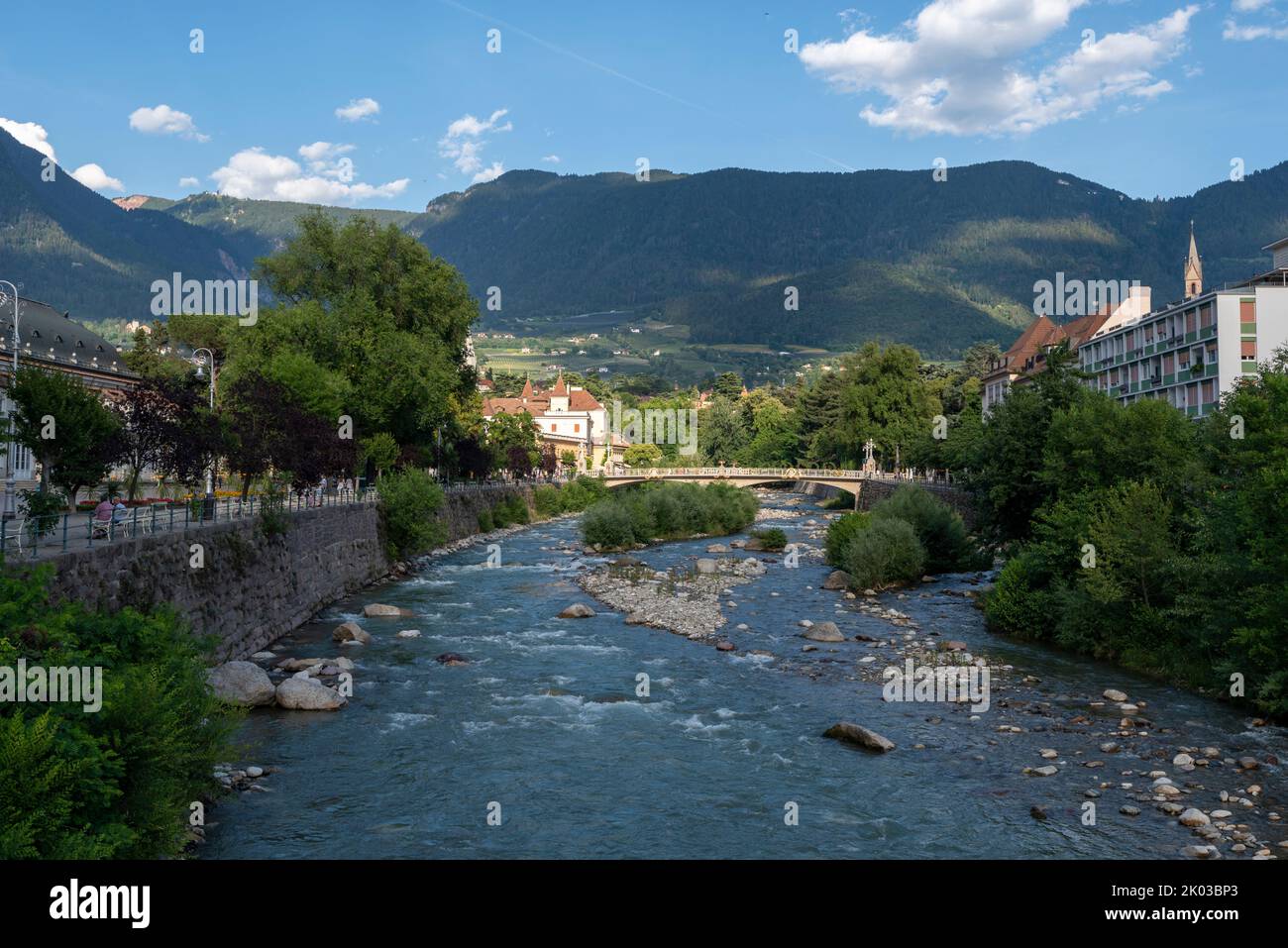 River Passer, spa town Merano, South Tyrol, Italy Stock Photo