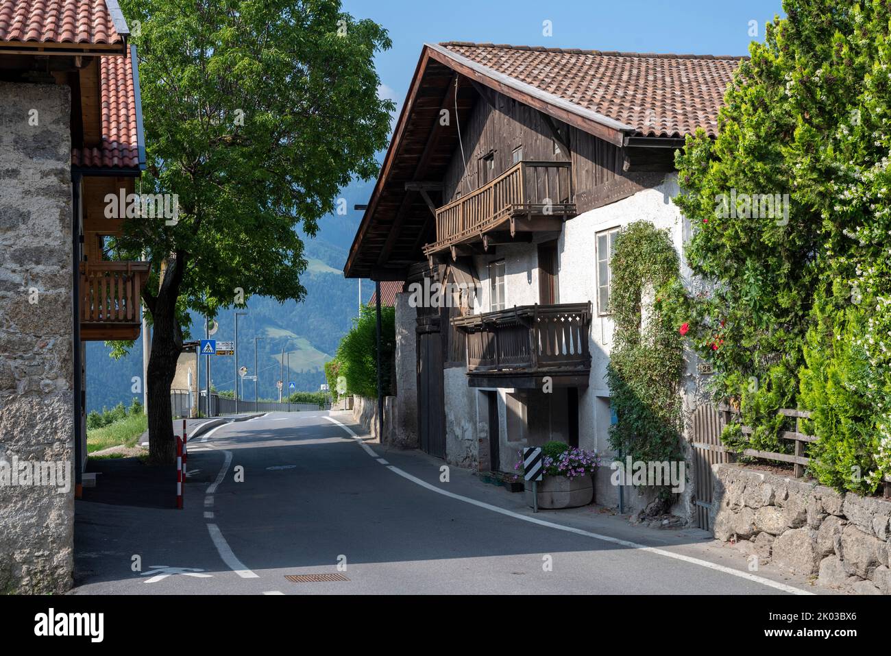 Residential houses, thoroughfare, Parcines, South Tyrol, Italy Stock Photo