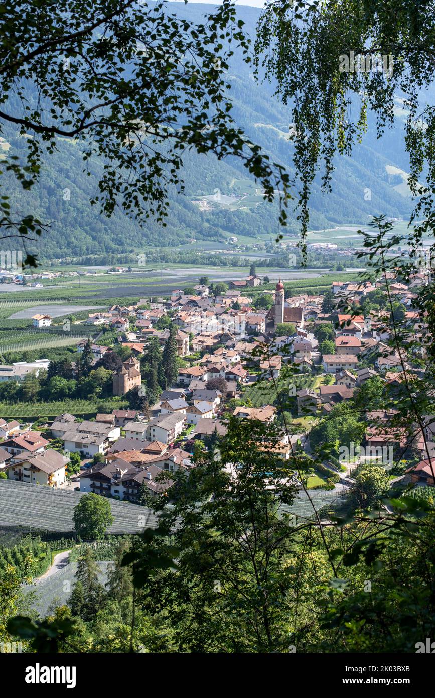 View of Partschins, Partschinser Waalweg, hiking trail, Partschins, South Tyrol, Italy Stock Photo