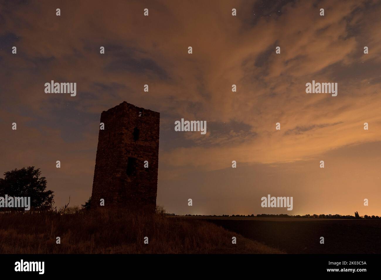 Blaue Warte', medieval watchtower, built 1438, night sky, Wanzleben, Saxony-Anhalt, Germany Stock Photo