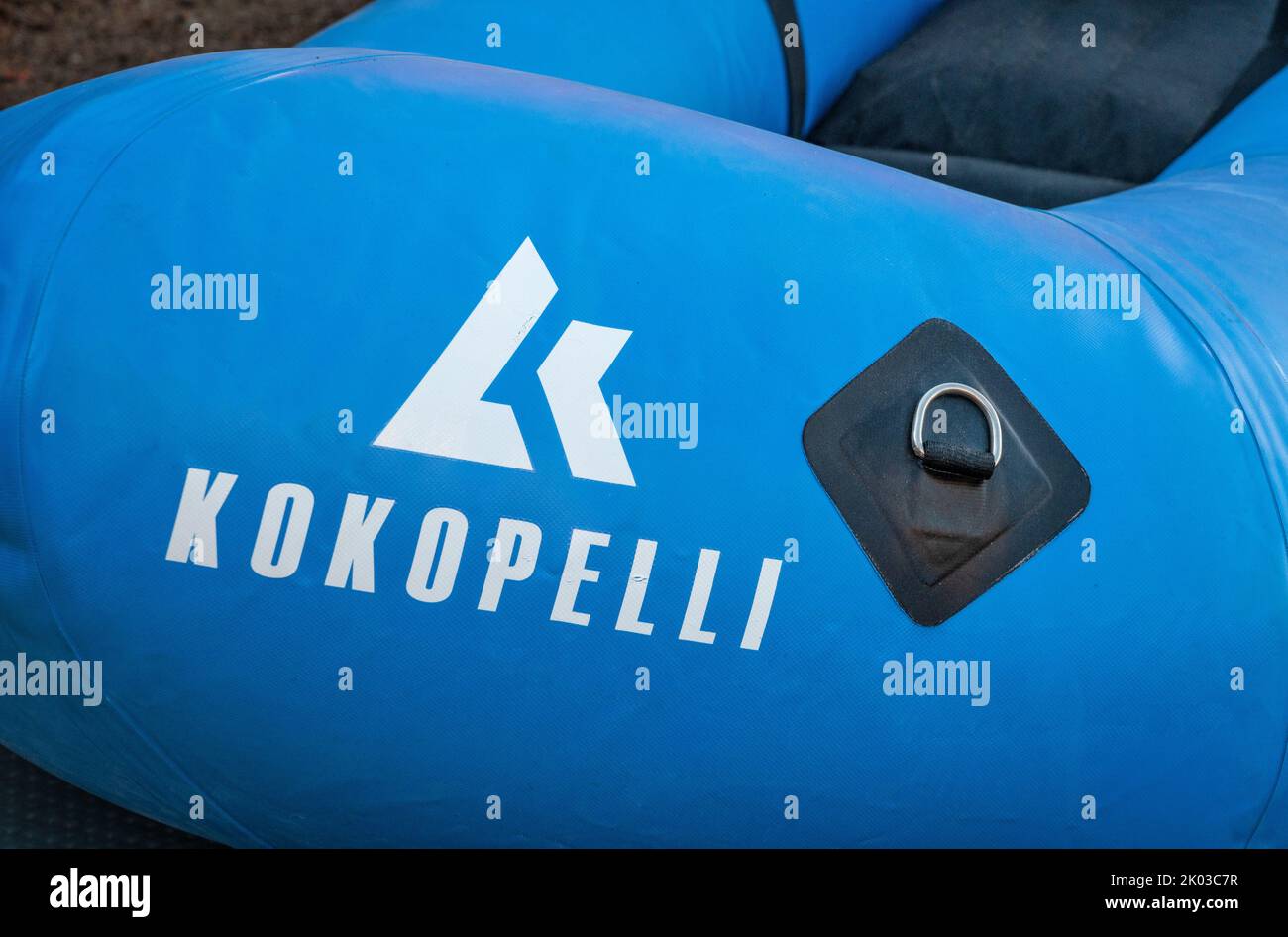 Loveland, CO, USA - August 28, 2022: Kokopelli inflatable self-bailing Recon packraft - one-person light raft designed for whitewater. Stock Photo