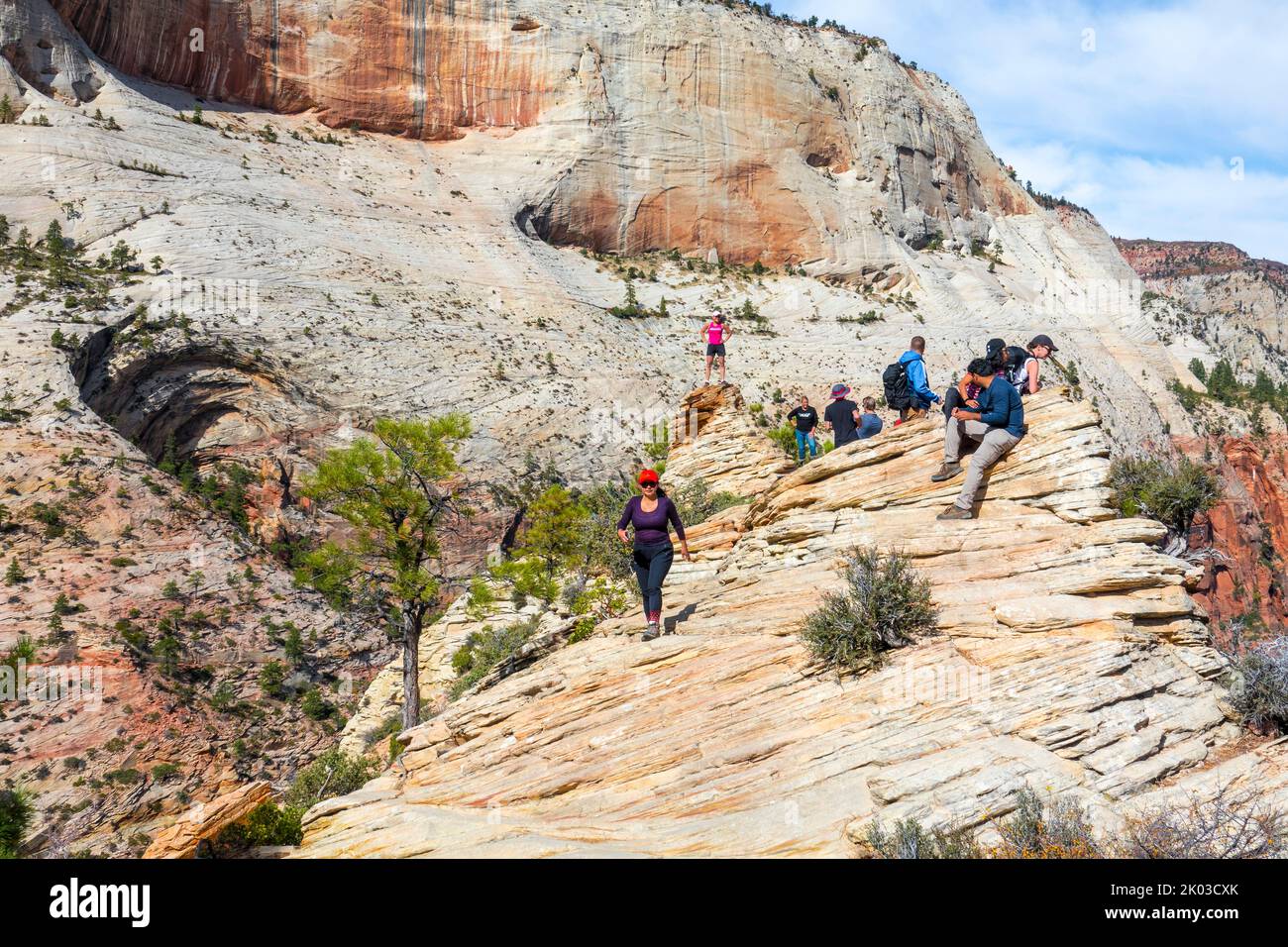 Zion National Park is located in southwestern Utah on the border with Arizona. It has an area of 579 kö² and lies between 1128 m and 2660 m altitude. Hikers at Angels Landing. Stock Photo