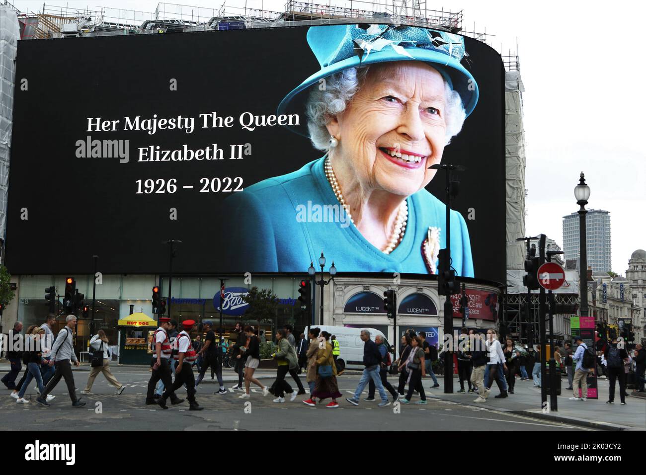 Piccadilly Circus billboard bears a Queen Elizabeth II picture. The ...