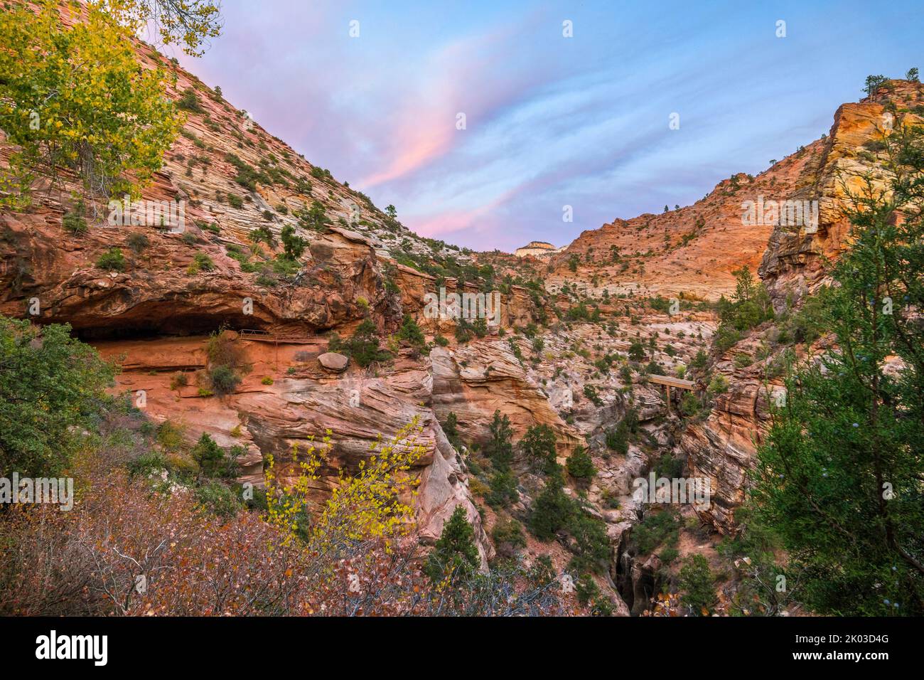 Zion National Park is located in southwestern Utah on the border with Arizona. It has an area of 579 kö² and lies between 1128 m and 2660 m altitude. View from Canyon Overlook Trail into Pine Creek Canyon. Stock Photo