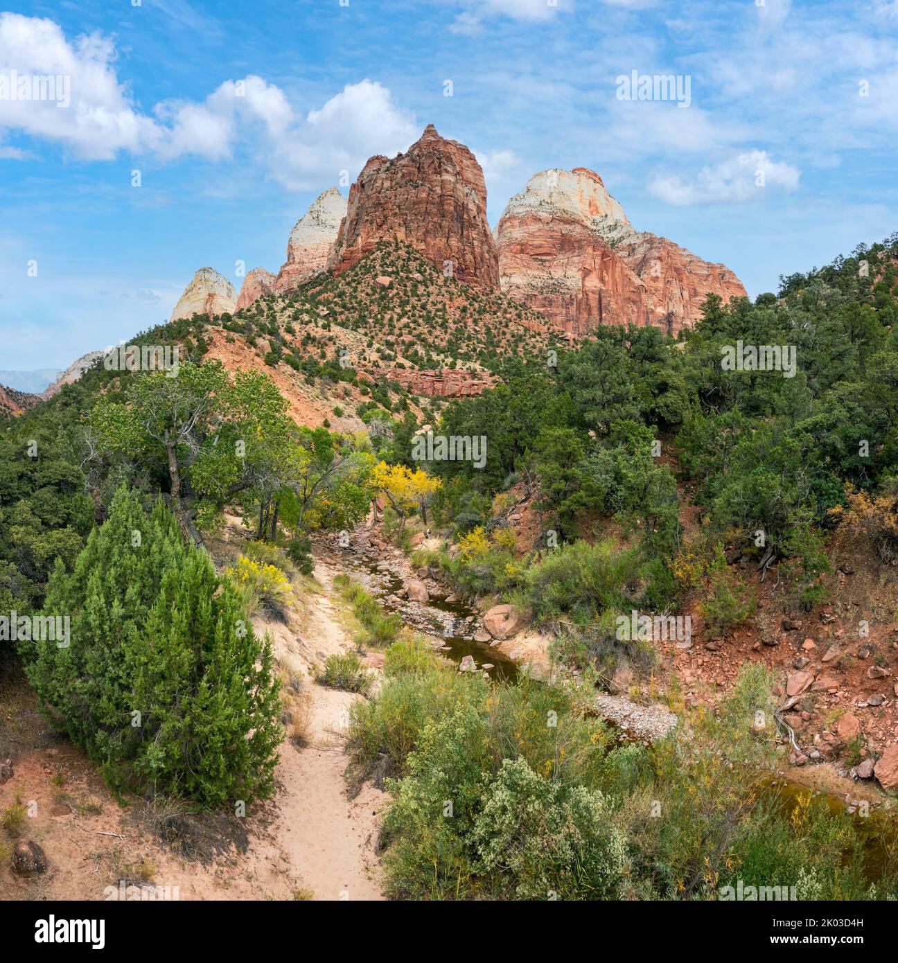 Zion National Park is located in southwestern Utah on the border with Arizona. It has an area of 579 kö² and lies between 1128 m and 2660 m altitude. The Twin Brothers, and Pine Creek. Stock Photo