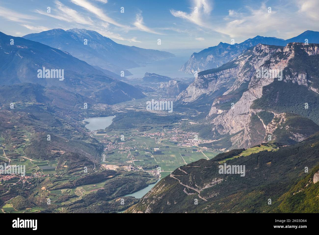 Italy, Trentino, Trento, municipality of Vallelaghi. Elevated view on Valle dei Laghi, subalpine lake district between lake Garda and Trento Stock Photo