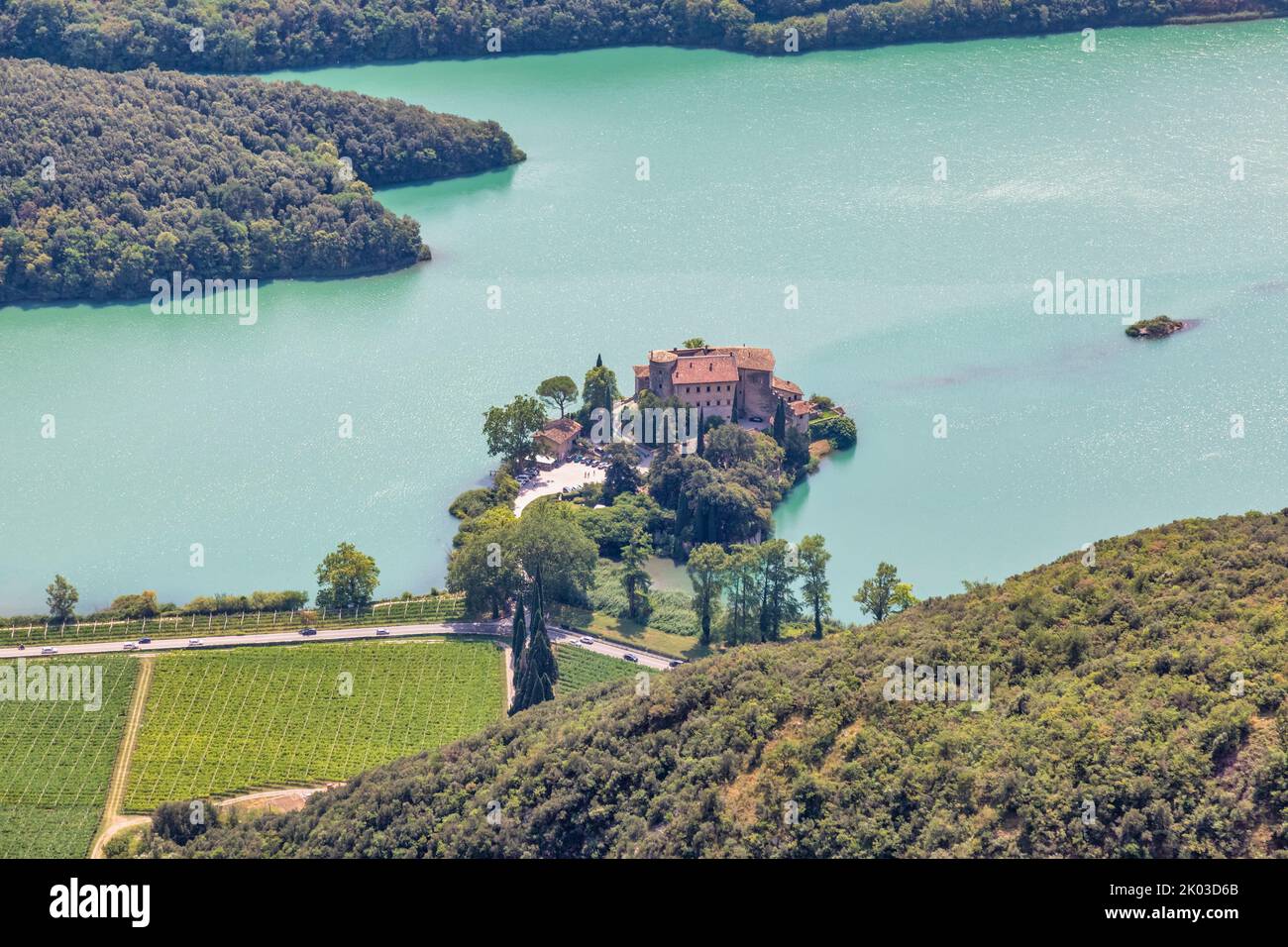 Italy, Trentino, Trento, municipality of Mandruzzo, Vallelaghi. Elevated view of Toblino castle - Castel Toblino Stock Photo