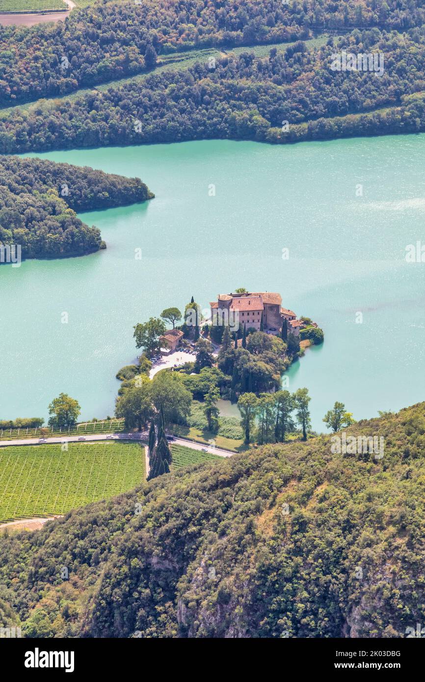Italy, Trentino, Trento, municipality of Mandruzzo, Vallelaghi. Elevated view of Toblino castle - Castel Toblino Stock Photo