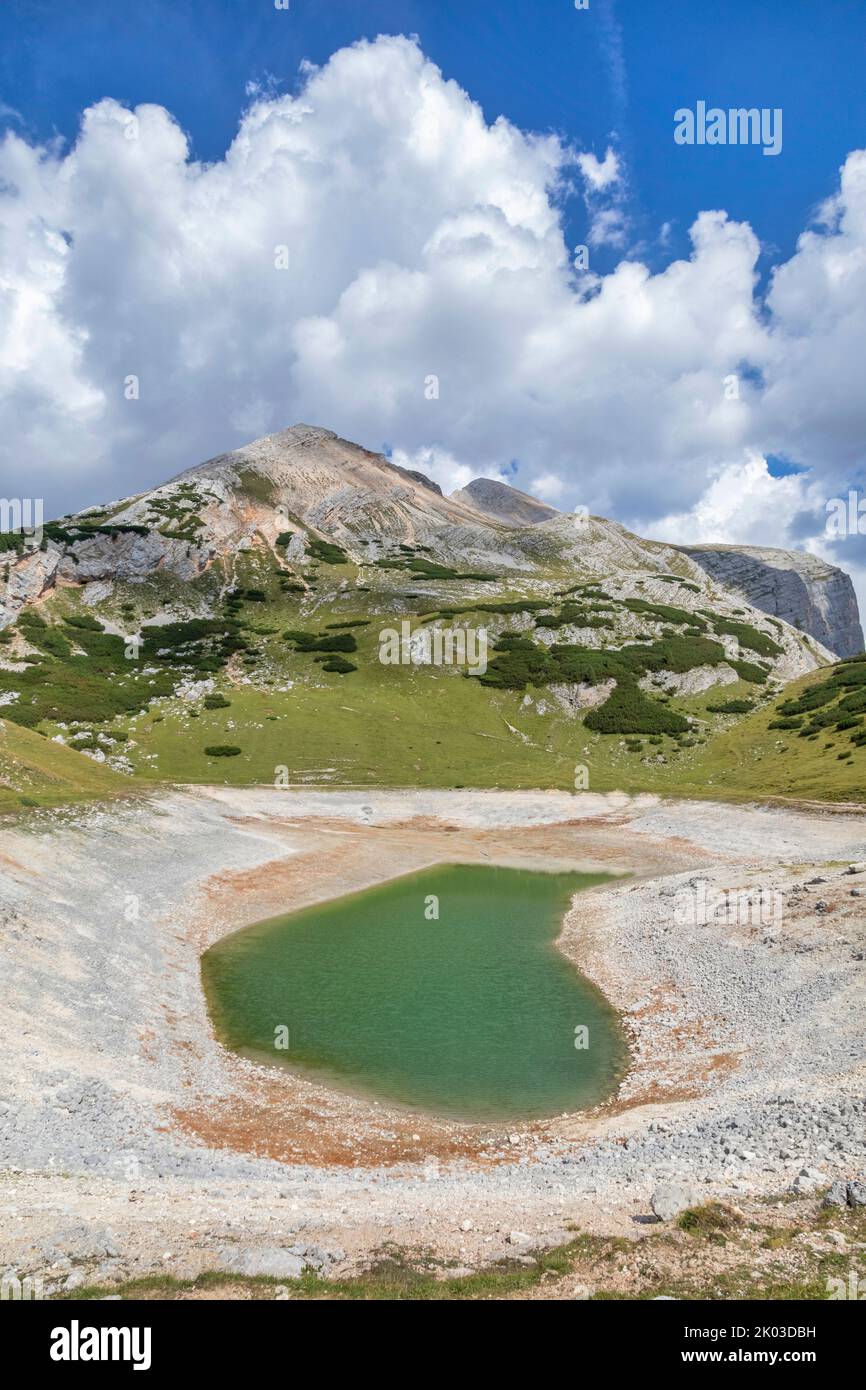 Italy, south tyrol, bolzano, fanes senes braies natural park. The Limo lake - Lago di Limo, semi-dried due to the extraordinarily hot climate of summer 2022 Stock Photo