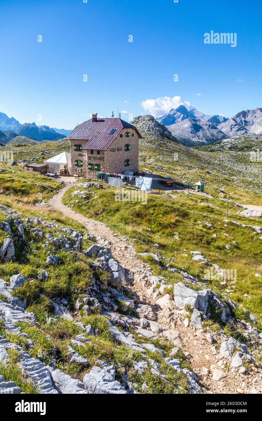 Italy, Veneto, Belluno, Cortina d'Ampezzo. Biella alpine refuge (Seekofelhütte) in the Fanes-Sennes-Prags / Fanes-Senes-Braies Nature Park, Dolomites Stock Photo