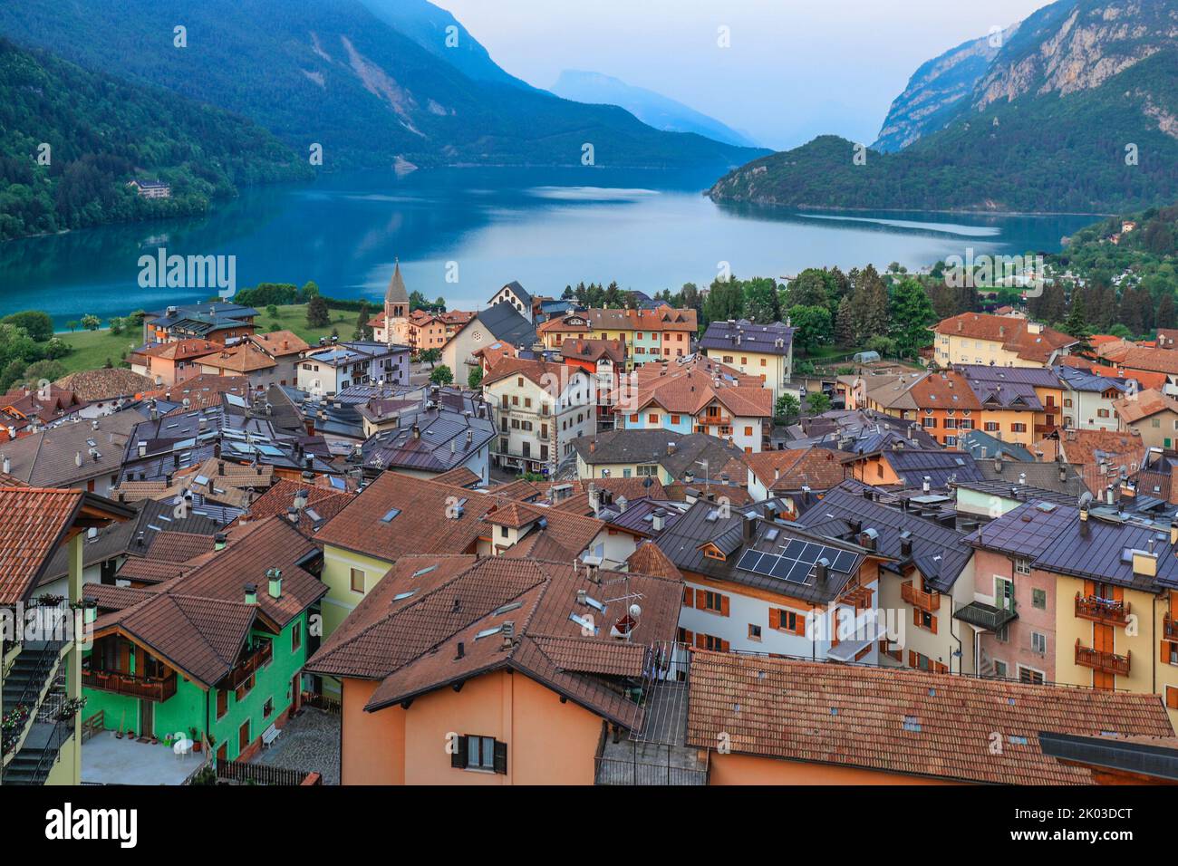 Italy, Trentino Alto Adige, province of Trento, Molveno. Elevated view of the lake and the village of Molveno Stock Photo