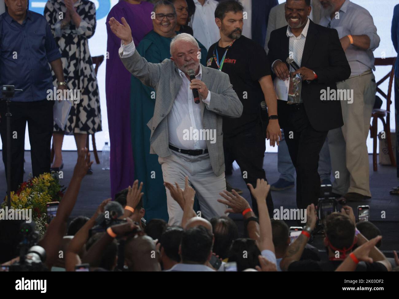 Former President and presidential candidate Luiz Inacio Lula da Silva greets the supporters during a meeting with evangelical leaders in Sao Goncalo, in Rio de Janeiro state, Brazil, September 9, 2022. REUTERS/Pilar Olivares Stock Photo