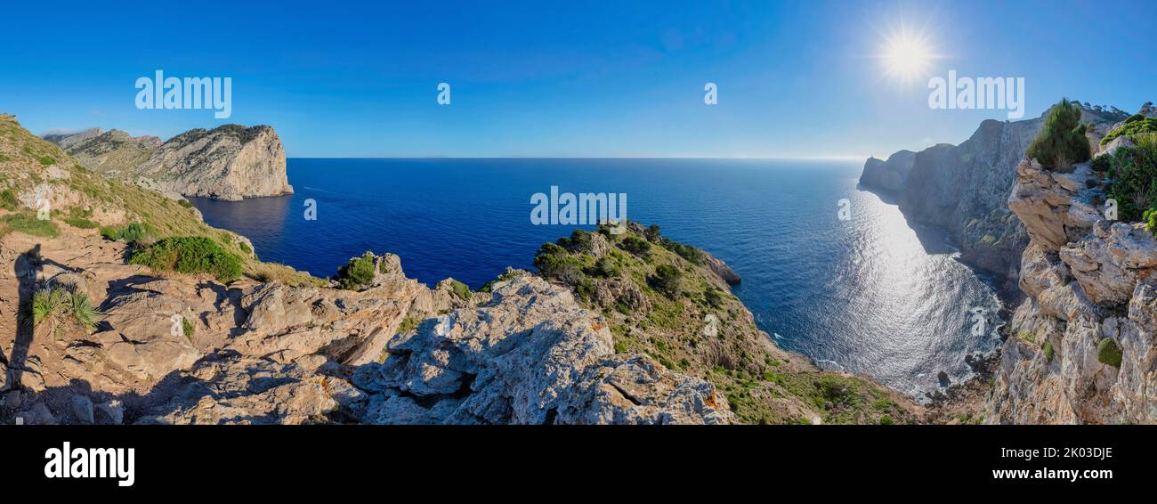 Spain, Balearic islands, Mallorca, district of Pollença. The Formentor, panoramic view from Punta d'en Tomàs to Cap de Formentor Lighthouse Stock Photo