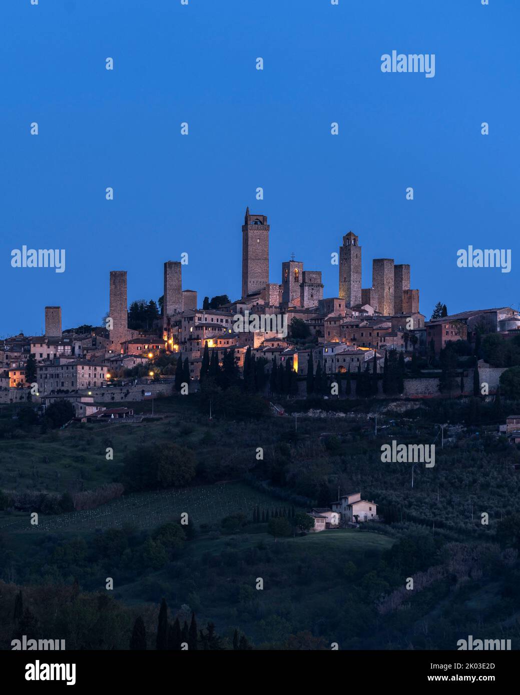 Blue hour, San Gimignano, Siena, Tuscany, Italy Stock Photo