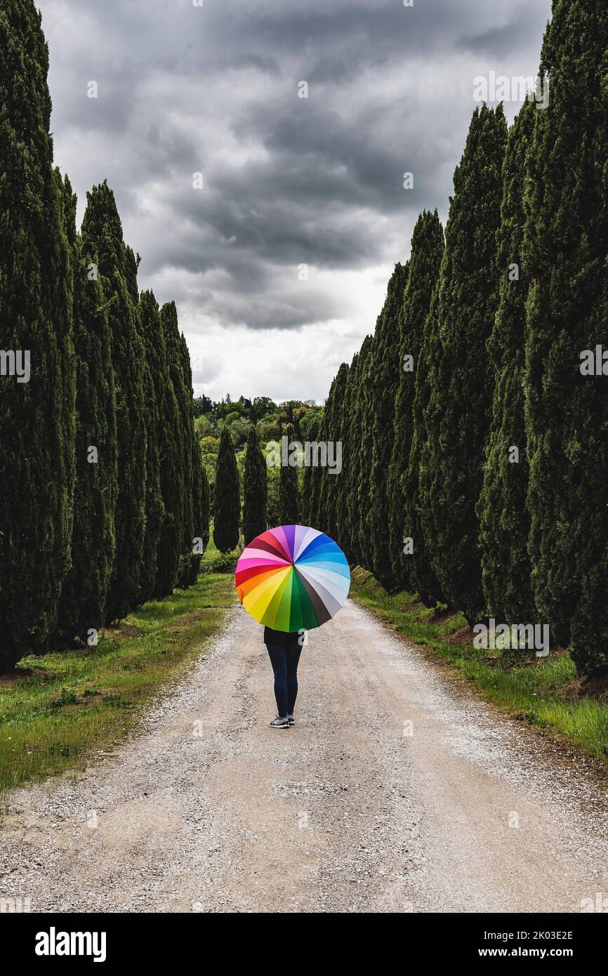 Cypress road, rainbow umbrella, Tuscany, Italy Stock Photo