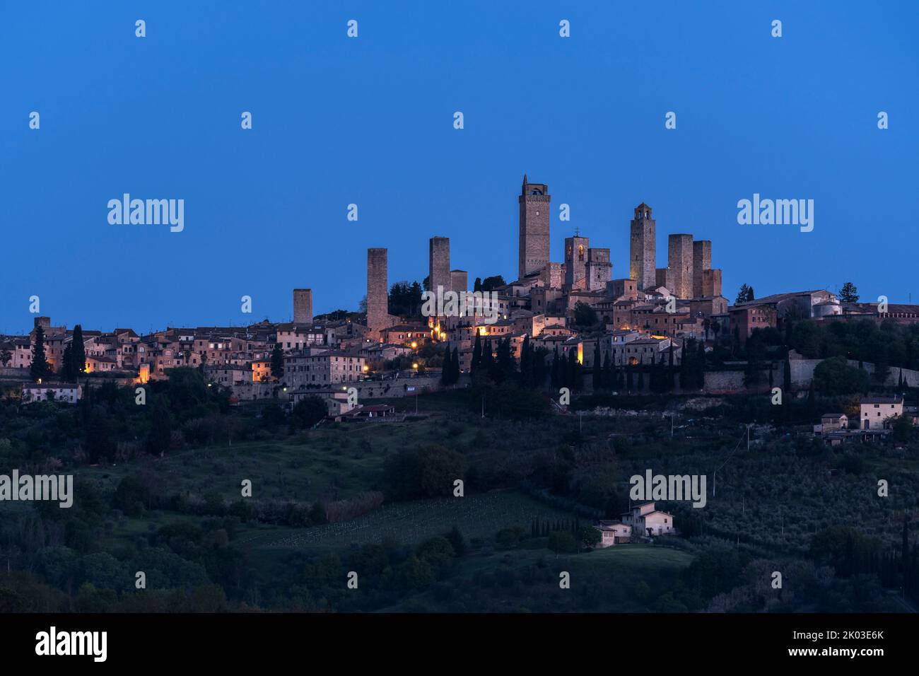 Blue hour, San Gimignano, Siena, Tuscany, Italy Stock Photo