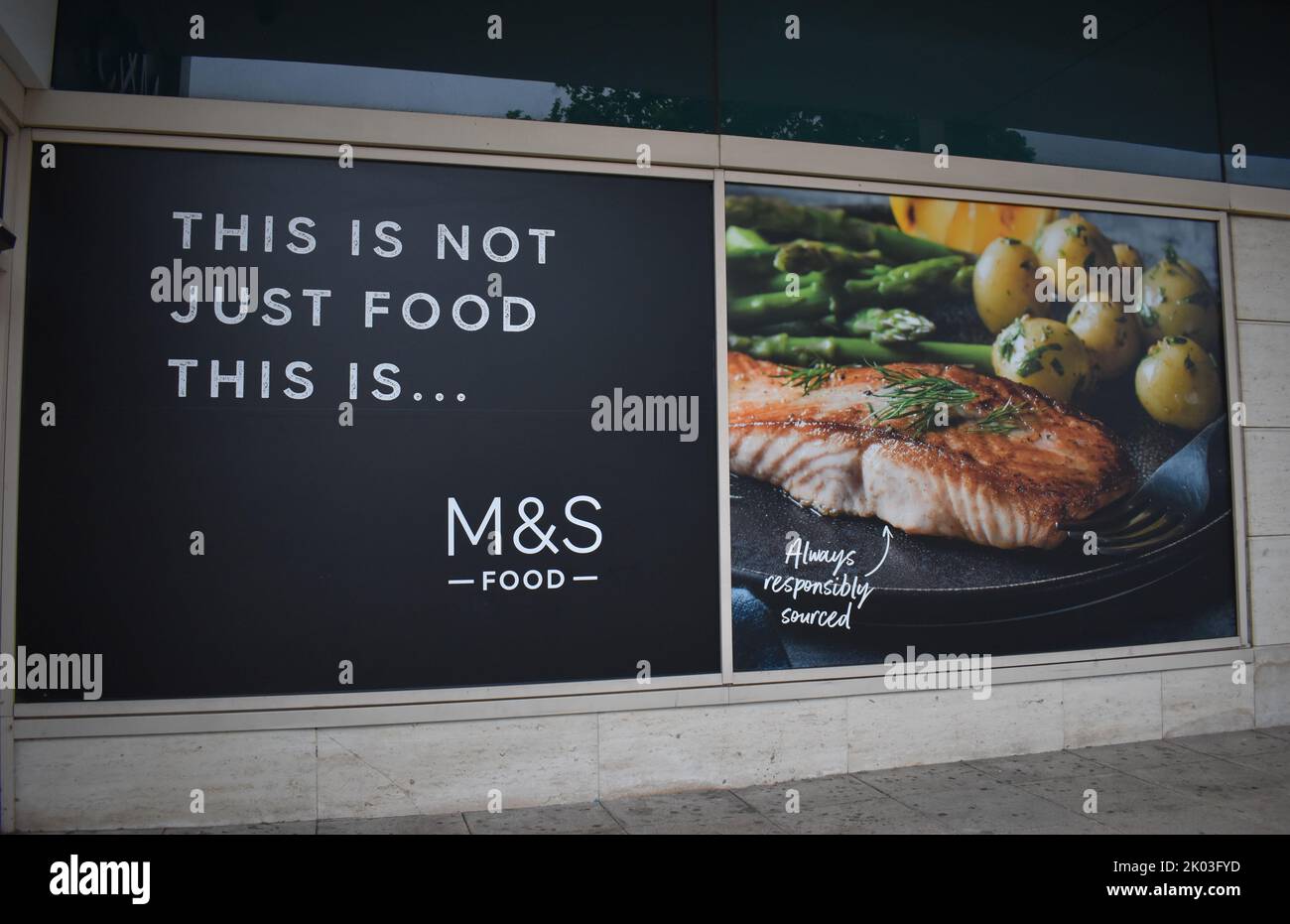 Advert in Central Milton Keynes for Marks and Spencer: 'This is not just food this is M&S food'. Stock Photo