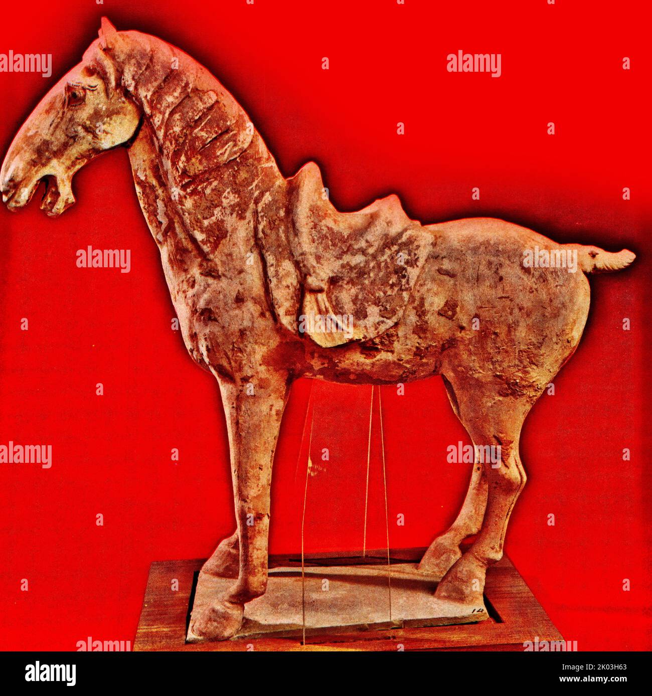 Tang Dynasty figurine of a horse. glazed white with traces of vermilion and ink painting. It stands upright on a rectangular platform. The horse is strong and has short legs and a large head in proportion. The head is straight, the eyes are open, the eyes are looking forward, the mouth is open and hissing, the sideburns are drooping to the left, the tail is upturned, and the limbs are stable. The eyes are drawn with vermilion and ink, and the lines of the muscles on the horse's face are very realistic. Stock Photo