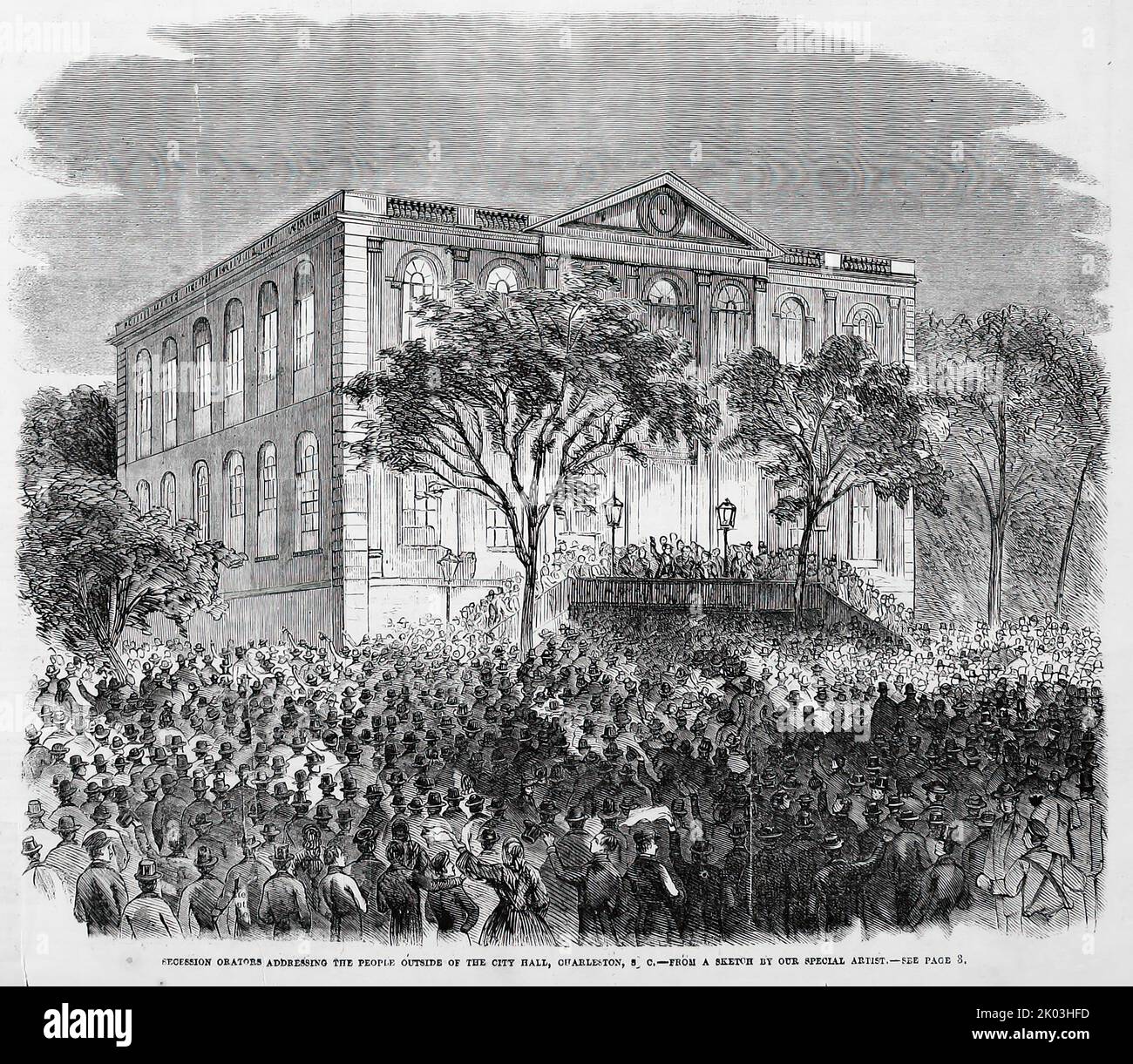 Secession orators addressing the people outside of the City Hall, Charleston, South Carolina, November 12th, 1860. 19th century American Civil War illustration from Frank Leslie's Illustrated Newspaper Stock Photo