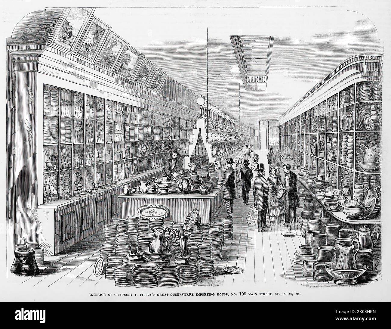 Interior of Chauncey Ives Filley's Great Queensware Importing House, No. 108 Main Street, St. Louis, Missouri (1860). 19th century illustration from Frank Leslie's Illustrated Newspaper Stock Photo