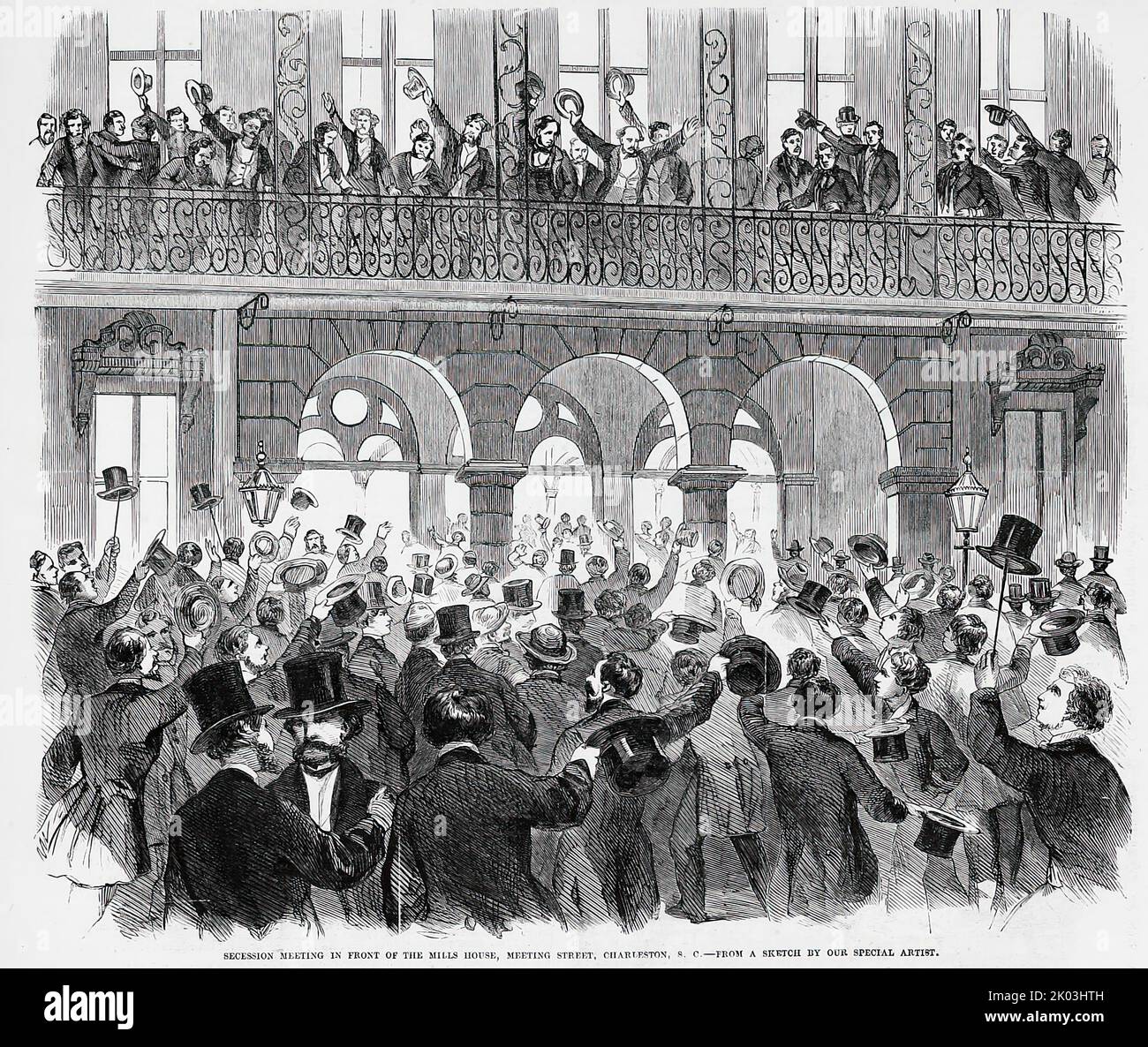 Secession meeting in front of the Mills House, Meeting Street, Charleston, South Carolina, November 1860. 19th century American Civil War illustration from Frank Leslie's Illustrated Newspaper Stock Photo